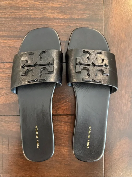 Tory Burch Ines Leather Slide Sandals Black Double T Logo Size 7