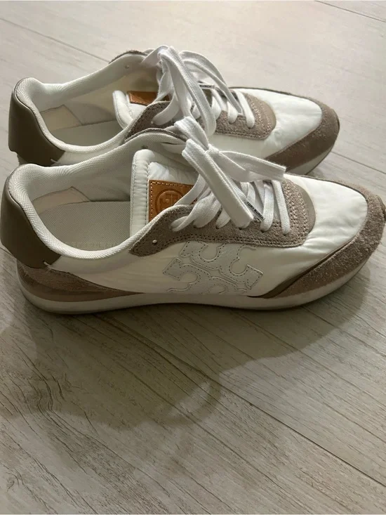 Tory Burch White and Taupe Suede-Accented Logo Sneakers