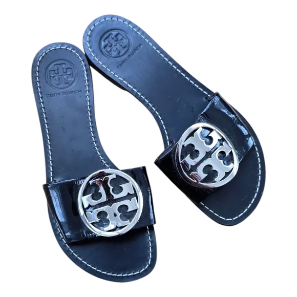 Tory Burch Black Patent Slide Sandals with Silver Logo Medallions