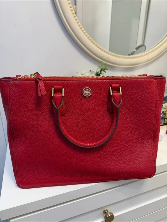 New Tory Burch Red Pebbled Leather Robinson Tote with Top Handles