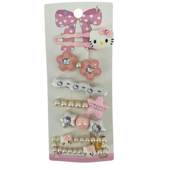 Hello Kitty Girls Pink Pearl Hair Clip Set 7-Piece Kawaii Hair Accessories, NWT