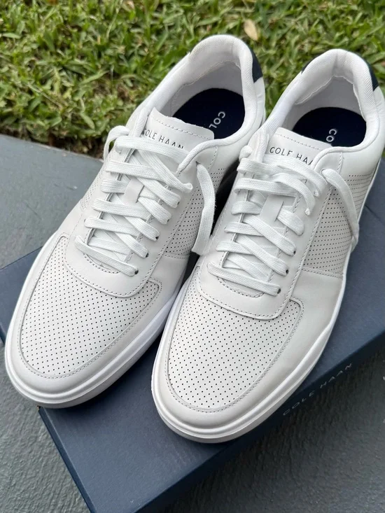 Cole Haan White Leather Perforated Men’s Sneakers with Navy Accents