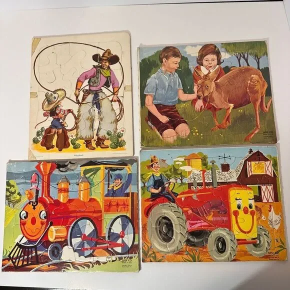 Vintage Wooden Picture Tray Puzzles Sifo Co Lot of 4 1954