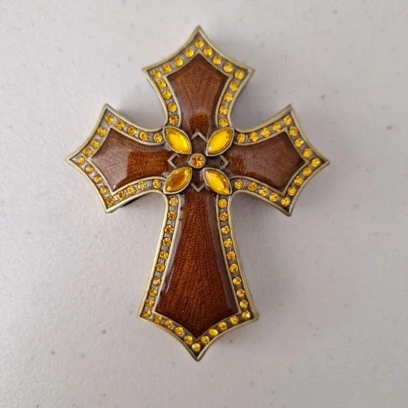 Vintage Ornate Brass Enamel Jeweled Trinket Box Cross 4.5