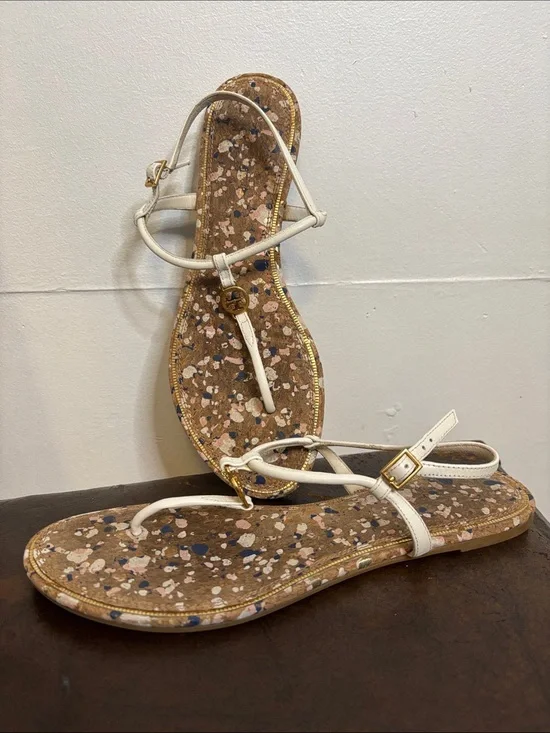 Tory Burch White Cork-Pattern T-Strap Sandals with Gold Accents