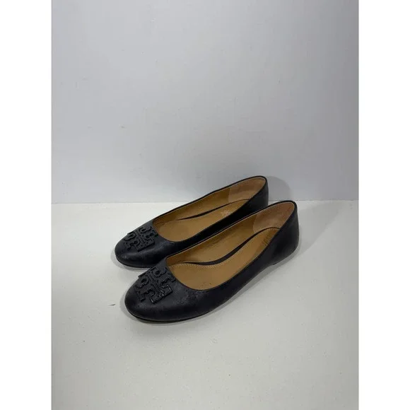 Tory Burch Navy Blue Leather Ballet Flats Logo Round Toe Shoes 7M 8778 A18