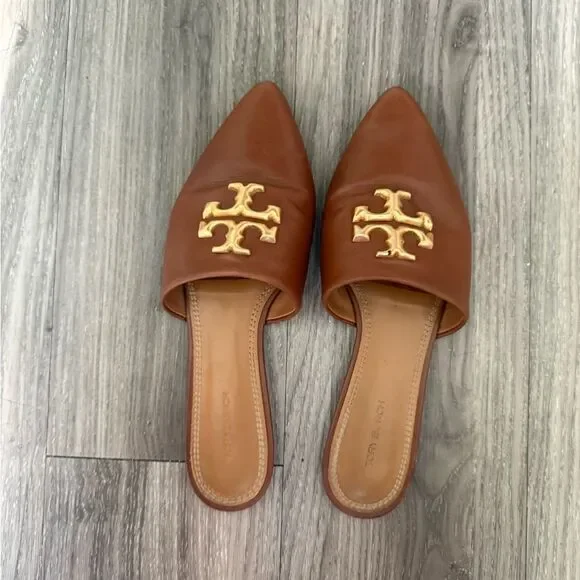 Tory Burch Brown Leather gold Logo Pointed Toe Mules