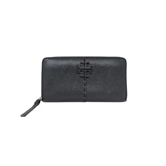 Tory Burch Black Leather Zip Around Wallet Pebbled Logo Continental