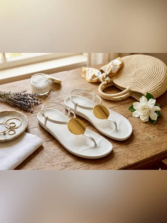 NWB Tory Burch Patos Disk Leather Thong Sandals - New Ivory Gold Size 8
