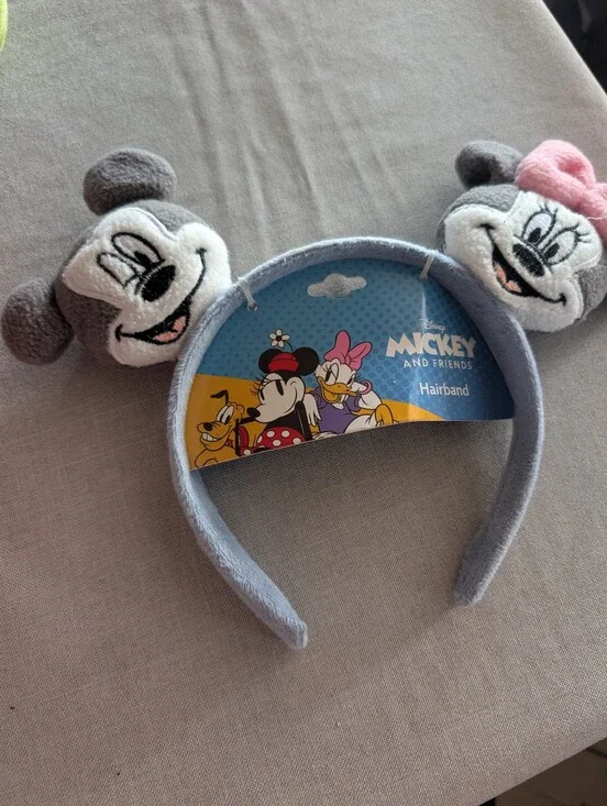 Disney Gray Plush Mickey & Minnie Ear Headband with Pink Bow Accent