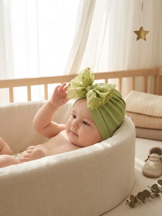 Boutique Sage Green Pleated Baby Turban Hat with Gold Polka Dot Bow