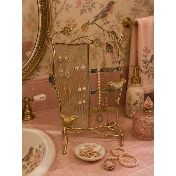 Bird Jewelry Organizer Stand Gold Tone Earring Holder Necklace Display Tree Rack