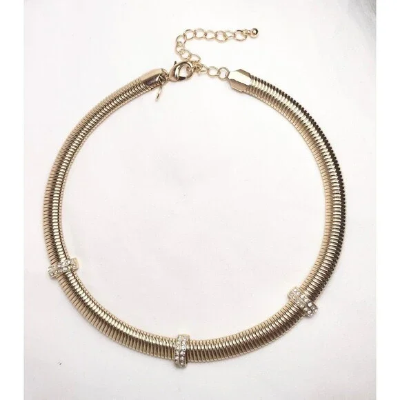 Vintage Omega Coil Gold tone Rhinestone Statement Necklace