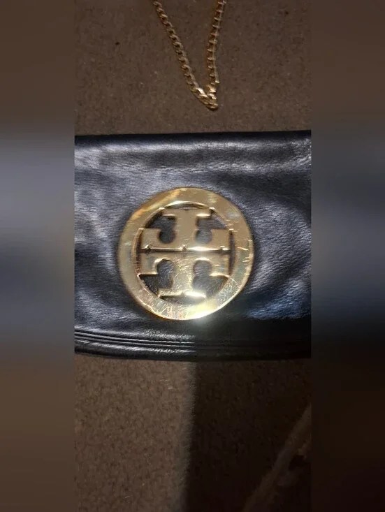 Tory Burch Black Leather Clutch with Gold Logo