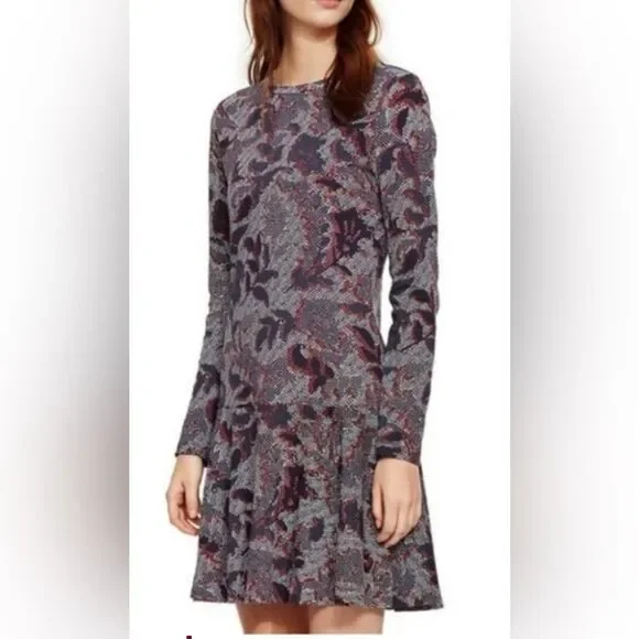 Tory Burch Long-Sleeve Floral Fit-and-Flare Dress in Burgundy and Gray, S