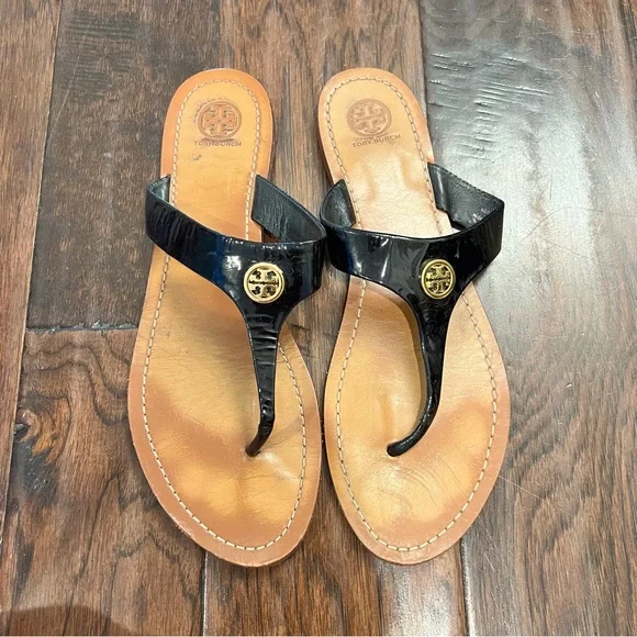 Tory Burch Black Patent Miller Thong Sandals