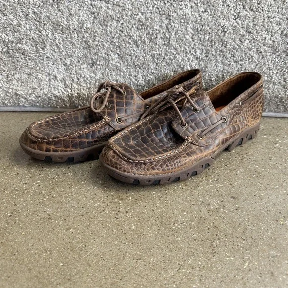 Croc Embossed Leather Boat Shoes Mens Size 11 Brown Lace Up Casual Square Toe