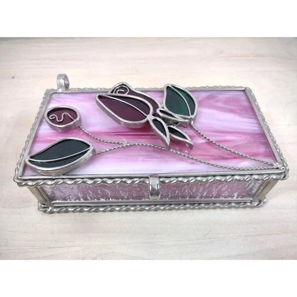 Vtg Stained Pink Slag Glass Jewelry Storage Box Red Roses 3D Lid