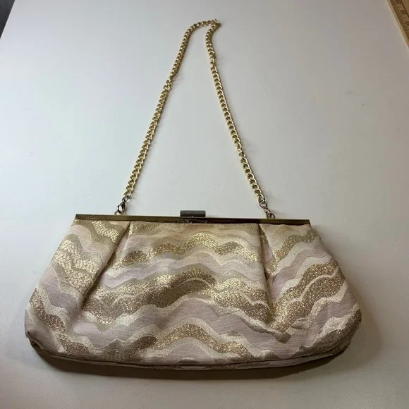 Lilly Pulitzer Gold Shimmer Cream Pink Clutch Bag w golden chain