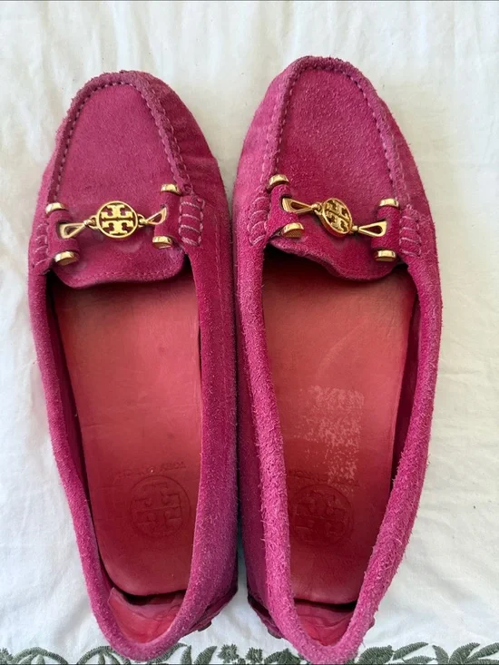 Tory Burch Magenta Suede Driving Loafers with Gold Emblem