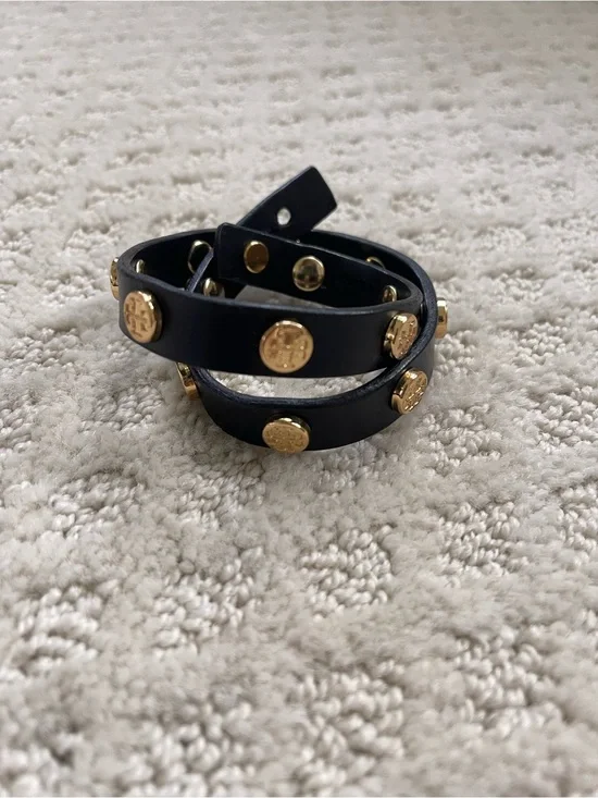 Authentic Tory Burch Black Leather Double Wrap Stud Bracelet w/ Gold Medallions