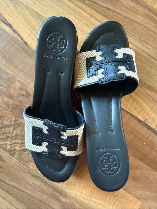 Tory Burch Ines Wedge Slide Sandals - Black & Natural, Size 7.5