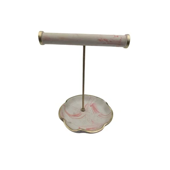 Pink Marbled Jewelry Stand T-Bar Bracelet Holder Catchall Tray Gold 373024 O1
