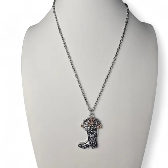 Justin Boots Silver And Rose Toned Cowgirl‎ Boot Pendant Necklace