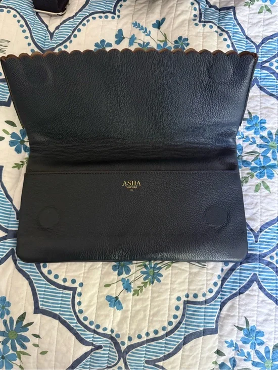 ASHA Black Scalloped Edge Leather Clutch