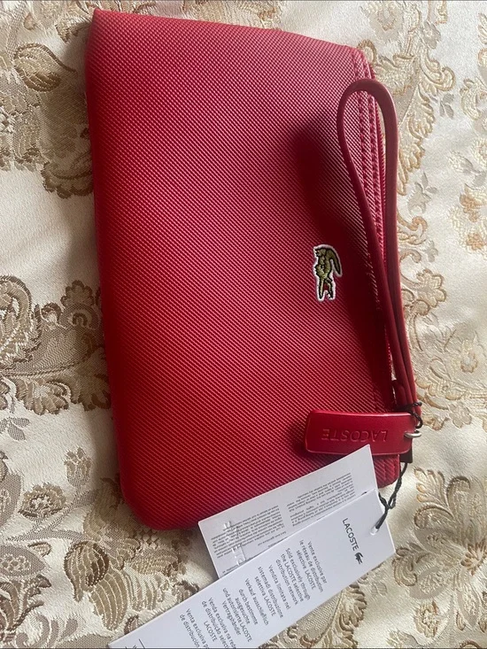 Lacoste Red Textured Wristlet with Signature Crocodile