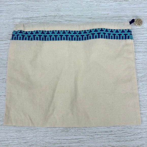 Tory Burch Cosmetic Pouch‎ Travel Bag Drawstring Logo Charm Canvas Beige Blue