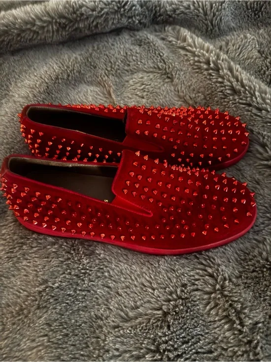Christian Louboutin Red Velvet Spike-Stud Slip-On Boat Shoes