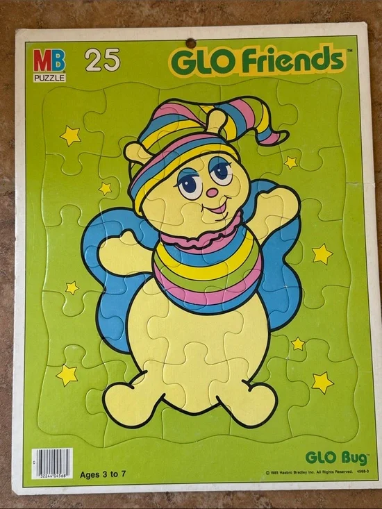 Vintage 1985 GLO Friends GLO Bug cardboard tray puzzle GLO Worm 25 pc