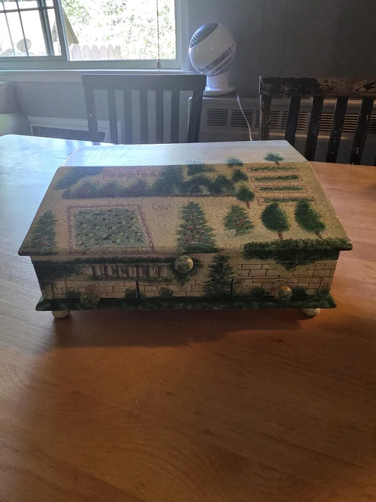 Vintage Hand-Painted Garden Motif Jewelry Box