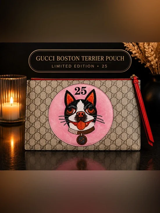 Gucci GG Supreme Limited Edition Bosco Boston Terrier Clutch Pouch ✨✨