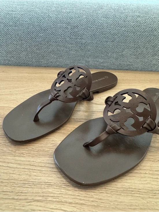 Tory Burch Brown Leather Logo Thong Sandals