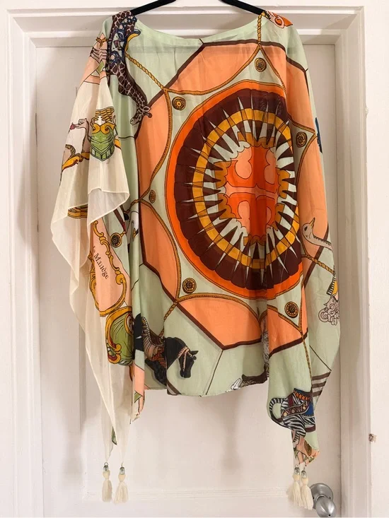 Women’s Tory Burch Bohemian Scarf-Print Poncho in Orange & Mint