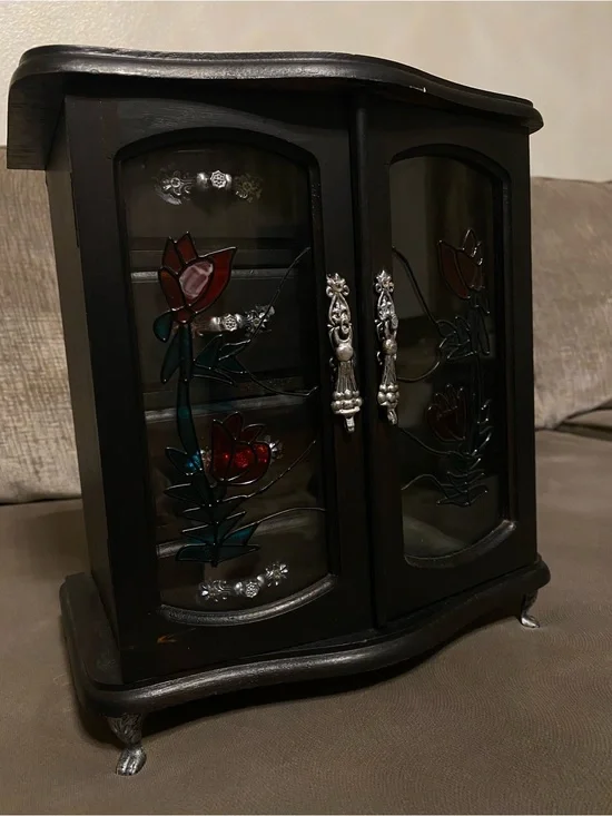 Vintage Hand Painted Black Wooden Jewelry Armoire with Stained Glass Doors