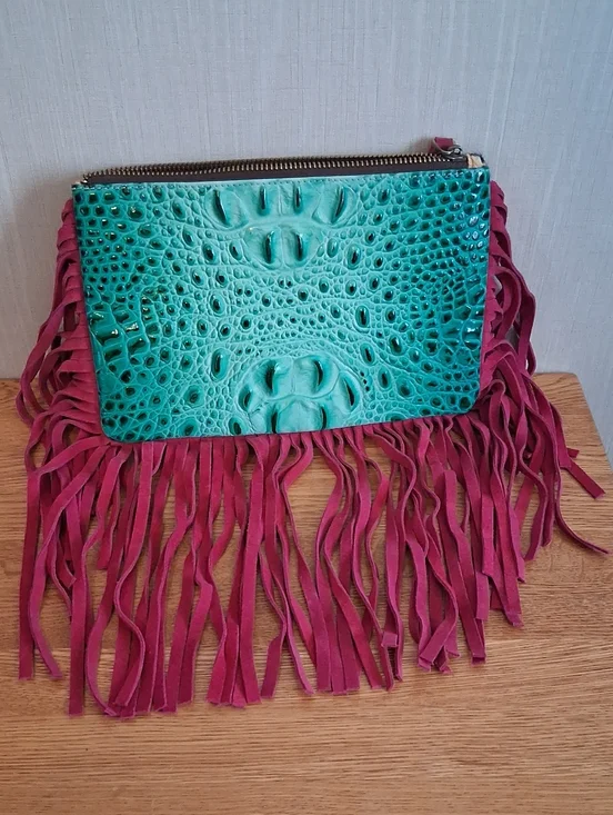 L & B Teal Croc-Embossed Fringe Clutch - Women