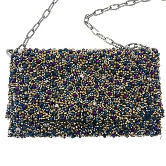 Free People Multicolor Black Beaded Evening Clutch Purse w/ Gunmetal Chain Strap