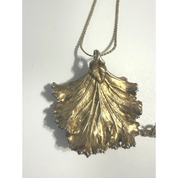 Gold Tone Large Textured Leaf Pendant Necklace 18 Inch Serpentine Chain