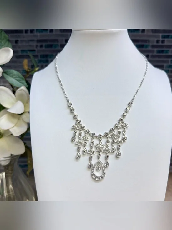 Beautiful Formal Silver Toned Rhinestone Statement Necklace