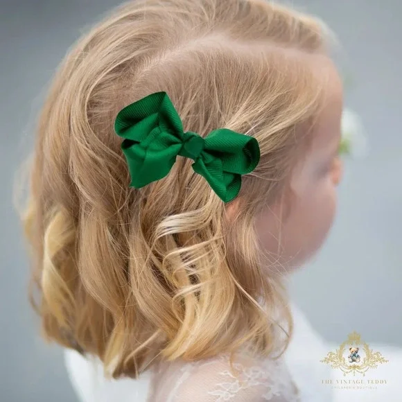 Set of 2 Pretty Girls Hair Bows Grosgrain Ribbon Hair Clips Accessory Dark Green
