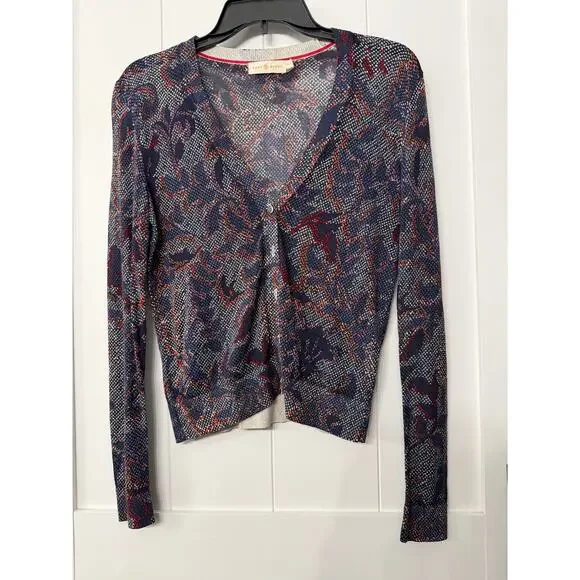Tory Burch Cardigan navy, red, burnt orange floral print in sz XS