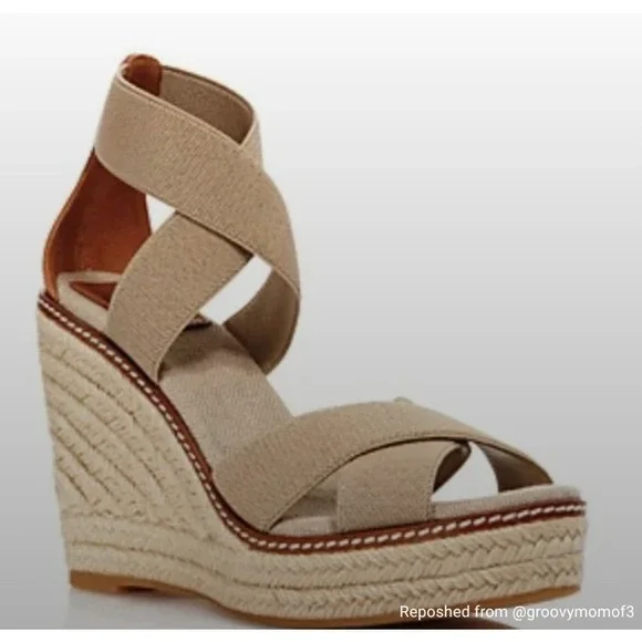 Tory Burch Frieda Espadrille Wedge‎ Sandals Beige Ankle Strap Women 7.5M NEW