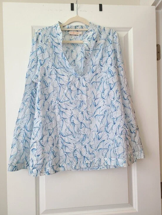 Tory Burch Stephanie Ellora Tunic Blouse In Blue And White Leaf Print