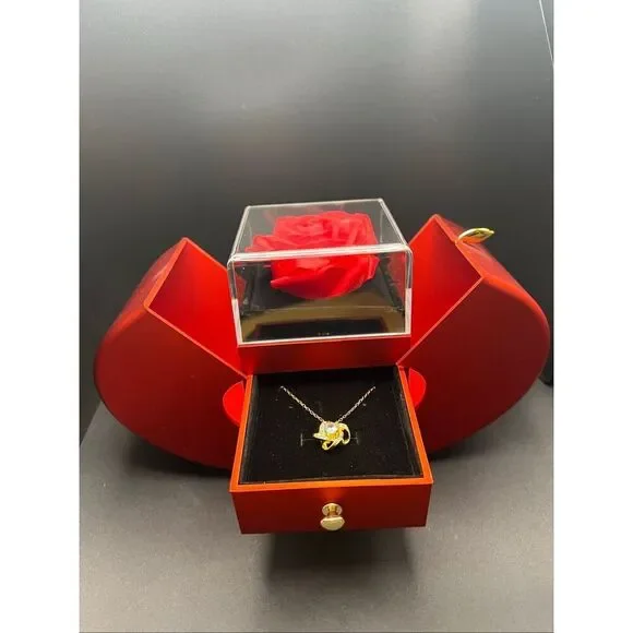 Red Apple Faux Rose Large Gift Box Gold Tone Cubic Zirconia Love Knot Necklace