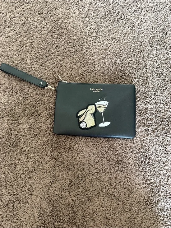 Kate Spade Black Wristlet with Bunny & Martini Patch