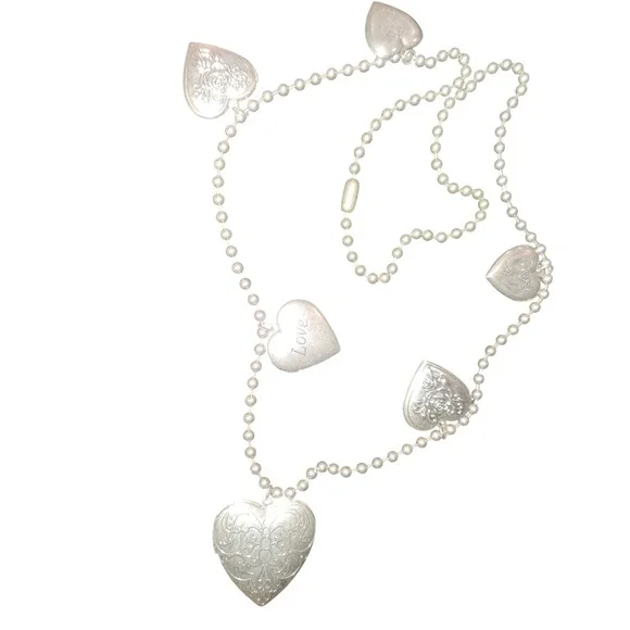 Silver Tone Heart Locket Charm‎ Necklace Beaded Chain Love Rose Engraved