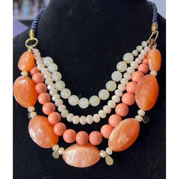 LOFT‎ HUGE Peach Orange Acrylic Beaded Multi Strand Statement Necklace Coastal
